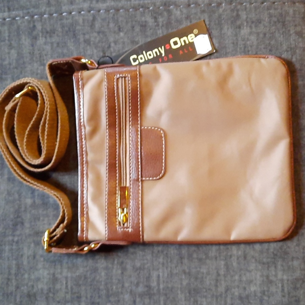 Crossbody Purse Tan Pleather Accents Design Zipper Top Closure